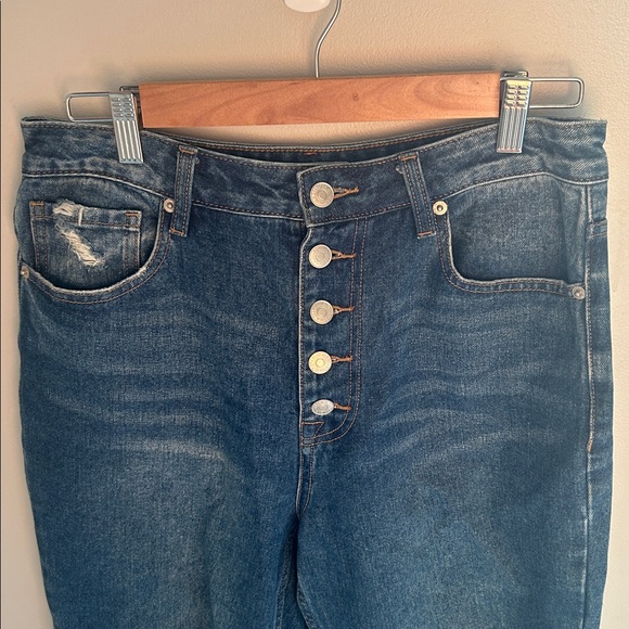 Forever 21 High-Rise Distressed Button-Fly Jeans - Medium/Dark Blue - Picture 2 of 10